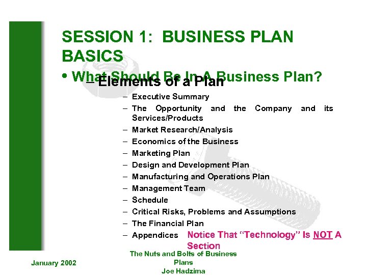 SESSION 1: BUSINESS PLAN BASICS • What Should Be a Plan – Elements of