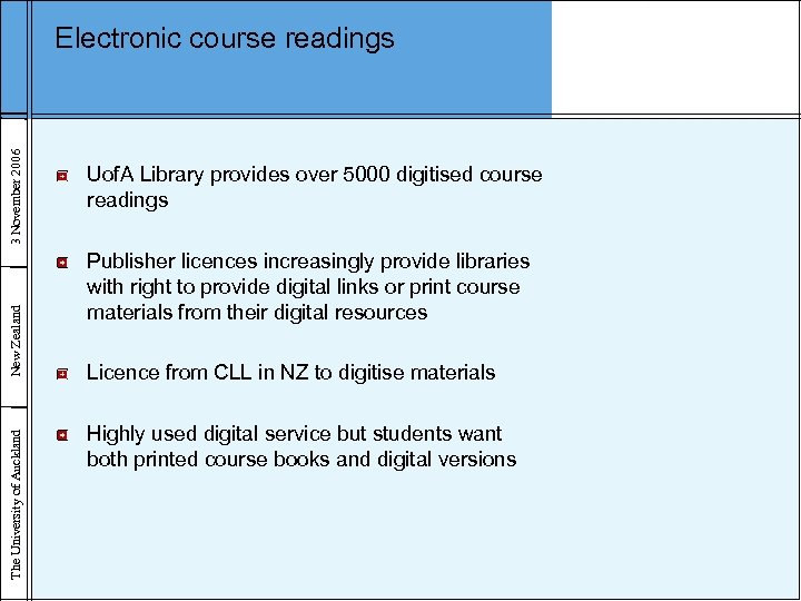 The University of Auckland New Zealand 3 November 2006 Electronic course readings Uof. A