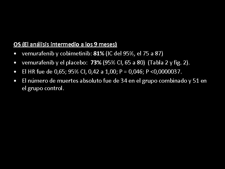 OS (El análisis intermedio a los 9 meses) • vemurafenib y cobimetinib: 81% (IC