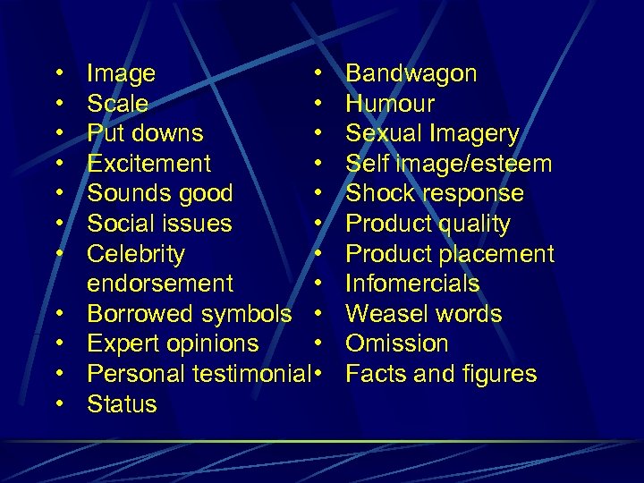  • • • Image • Scale • Put downs • Excitement • Sounds