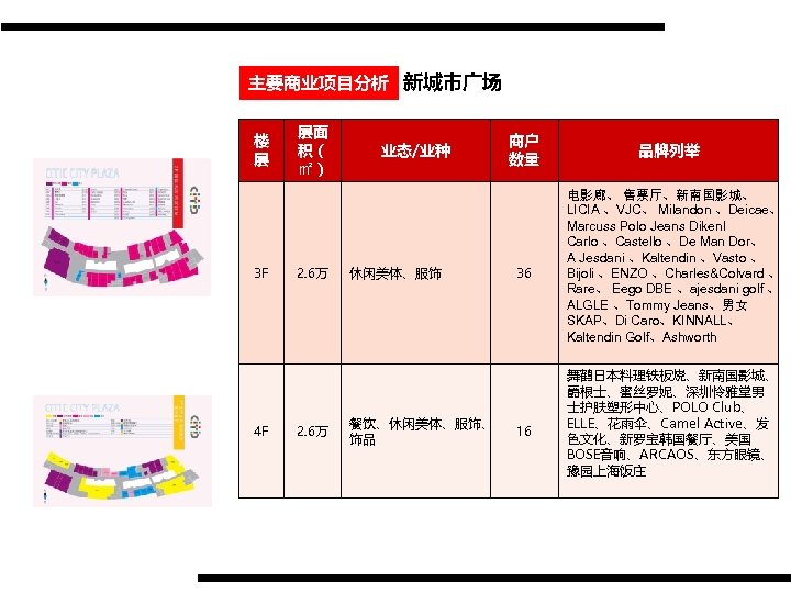 主要商业项目分析 新城市广场 楼 层 3 F 4 F 层面 积（ ㎡） 2. 6万 业态/业种