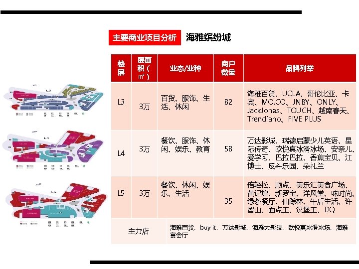 主要商业项目分析 楼 层 L 3 L 4 L 5 层面 积（ ㎡） 海雅缤纷城 业态/业种