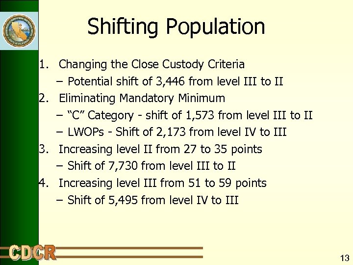 Shifting Population 1. Changing the Close Custody Criteria – Potential shift of 3, 446