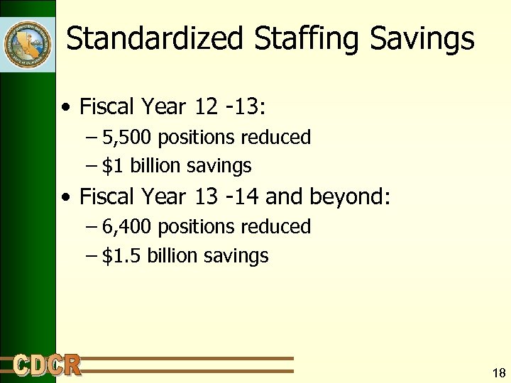 Standardized Staffing Savings • Fiscal Year 12 -13: – 5, 500 positions reduced –