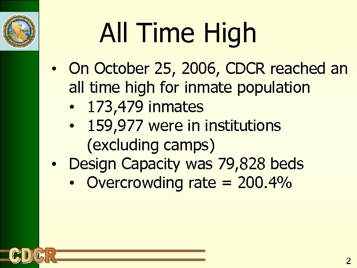 All Time High • On October 25, 2006, CDCR reached an all time high