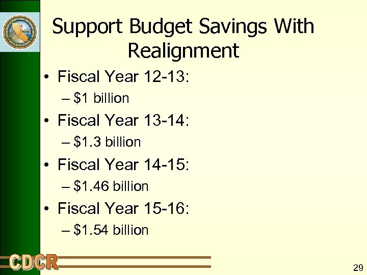 Support Budget Savings With Realignment • Fiscal Year 12 -13: – $1 billion •