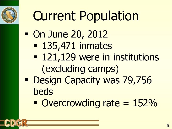 Current Population § On June 20, 2012 § 135, 471 inmates § 121, 129