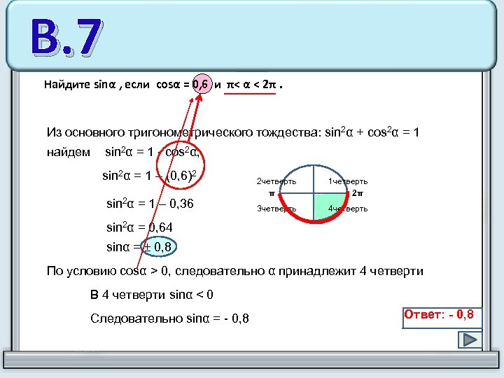 В. 7 Найдите sinα , если cosα = 0, 6 и π< α <