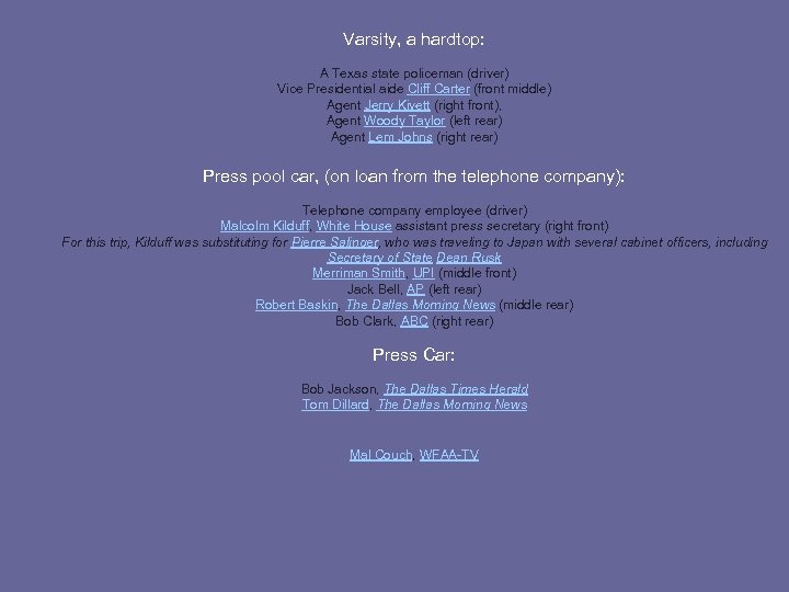 Varsity, a hardtop: A Texas state policeman (driver) Vice Presidential aide Cliff Carter (front