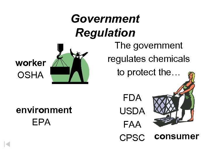 Government Regulation worker OSHA environment EPA The government regulates chemicals to protect the… FDA