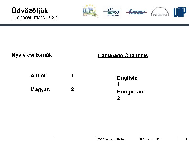 Üdvözöljük Budapest, március 22. Nyelv csatornák Language Channels Angol: 1 Magyar: 2 English: 1