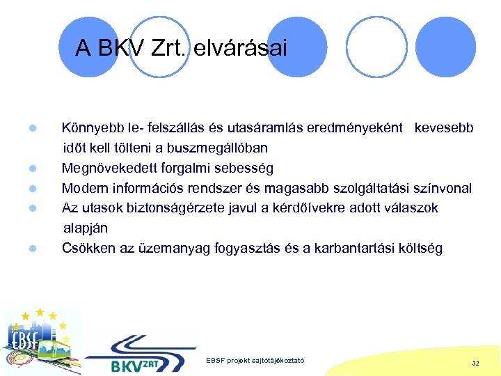 A BKV Zrt. elvárásai l l l Könnyebb le- felszállás és utasáramlás eredményeként kevesebb