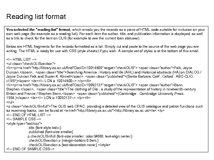 Reading list format You selected the 
