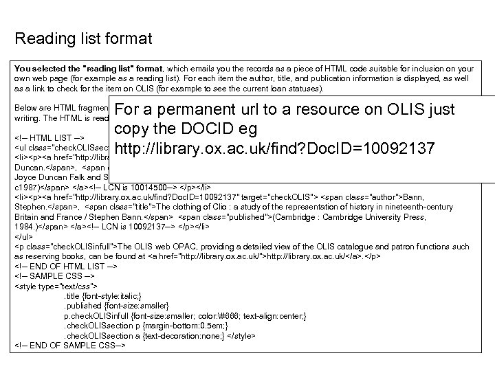 Reading list format You selected the 