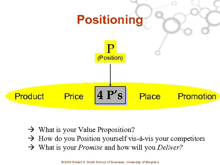 Positioning P (Position) Product Price 4 P’s Place Promotion What is your Value Proposition?