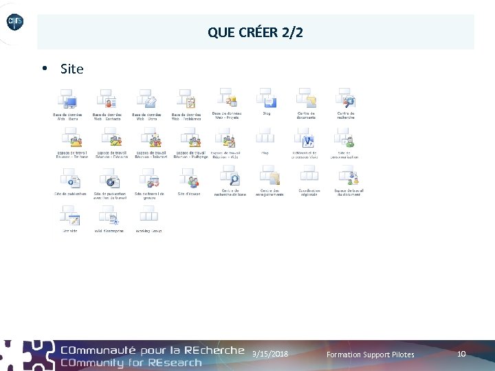 QUE CRÉER 2/2 • Site 3/15/2018 Formation Support Pilotes 10 