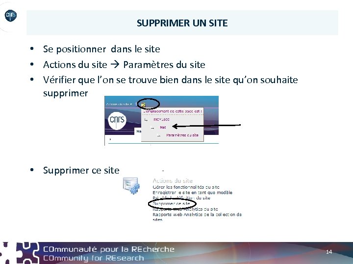 SUPPRIMER UN SITE • Se positionner dans le site • Actions du site Paramètres