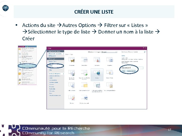 CRÉER UNE LISTE • Actions du site Autres Options Filtrer sur « Listes »