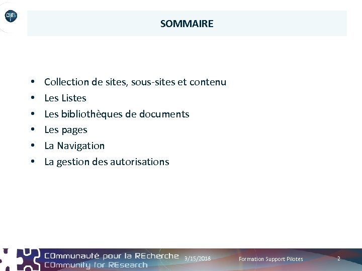 SOMMAIRE • • • Collection de sites, sous-sites et contenu Les Listes Les bibliothèques