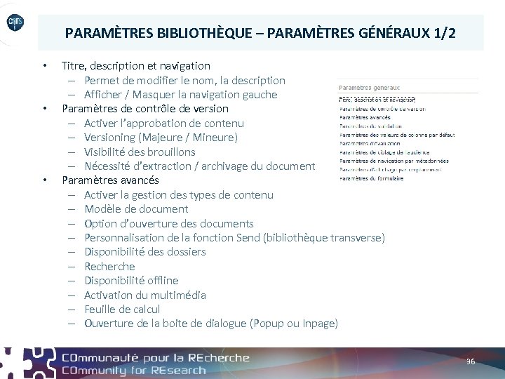 PARAMÈTRES BIBLIOTHÈQUE – PARAMÈTRES GÉNÉRAUX 1/2 • • • Titre, description et navigation –
