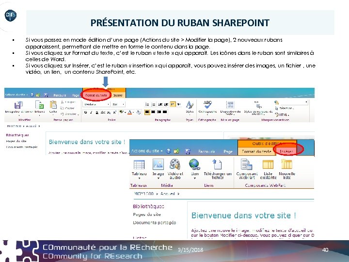 PRÉSENTATION DU RUBAN SHAREPOINT § § § Si vous passez en mode édition d’une