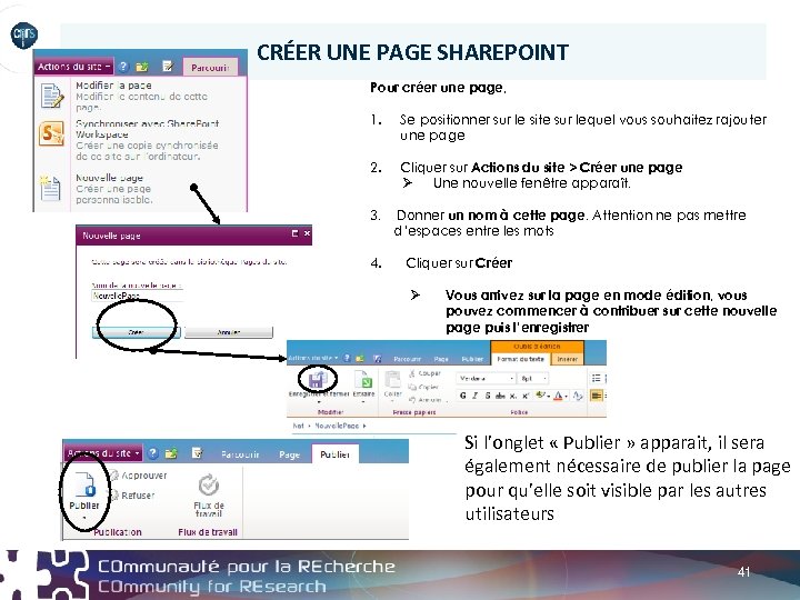 CRÉER UNE PAGE SHAREPOINT Pour créer une page, 1. Se positionner sur le site