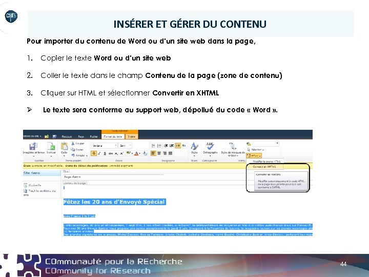 INSÉRER ET GÉRER DU CONTENU Pour importer du contenu de Word ou d’un site