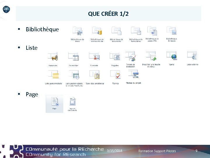 QUE CRÉER 1/2 • Bibliothèque • Liste • Page 3/15/2018 Formation Support Pilotes 9
