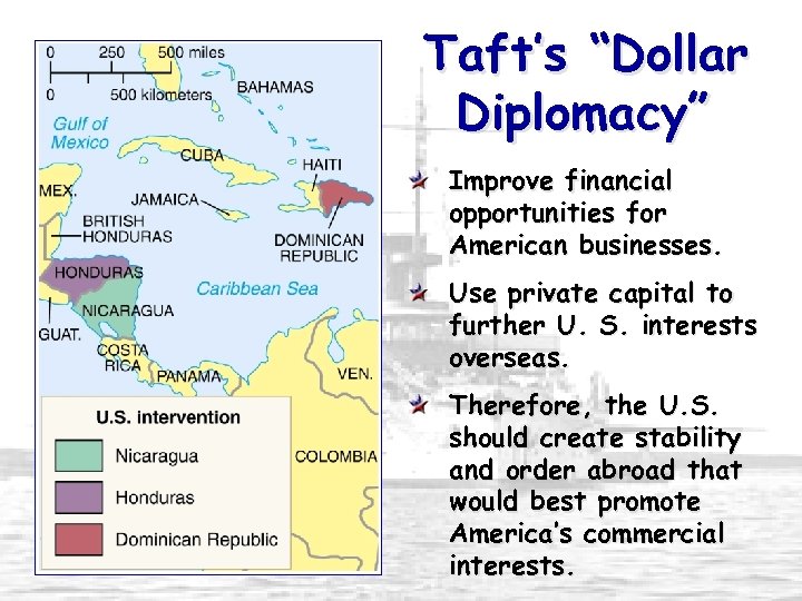 Taft’s “Dollar Diplomacy” Improve financial opportunities for American businesses. Use private capital to further