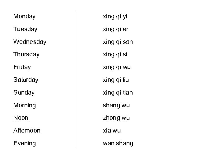 Monday xing qi yi Tuesday xing qi er Wednesday xing qi san Thursday xing