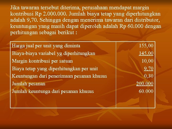 Jika tawaran tersebut diterima, perusahaan mendapat margin kontribusi Rp 2. 000. Jumlah biaya tetap