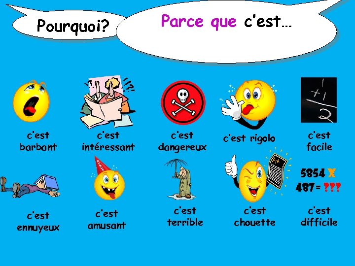 Pourquoi? c’est barbant c’est intéressant Parce que c’est… c’est dangereux c’est rigolo c’est facile