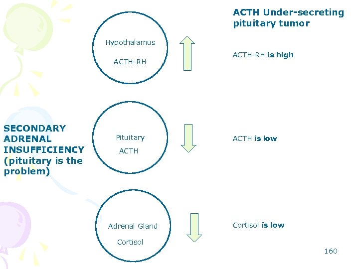 ACTH Under-secreting pituitary tumor Hypothalamus ACTH-RH SECONDARY ADRENAL INSUFFICIENCY (pituitary is the problem) Pituitary