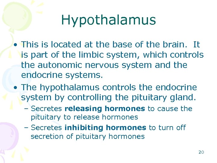 Hypothalamus • This is located at the base of the brain. It is part