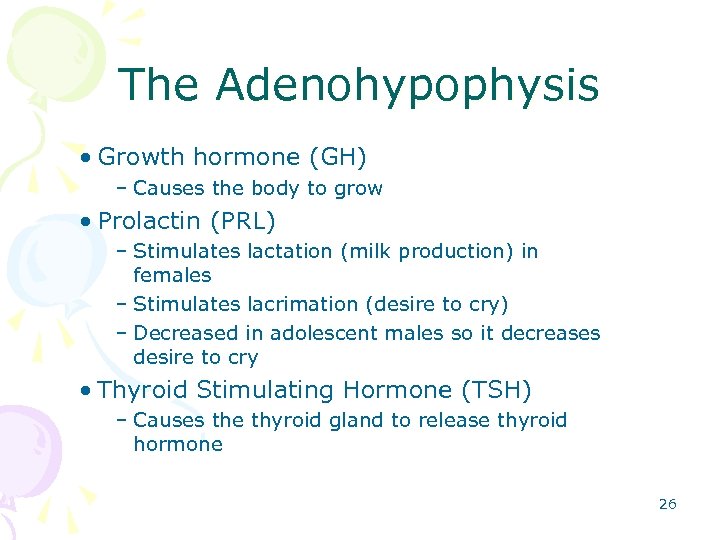 The Adenohypophysis • Growth hormone (GH) – Causes the body to grow • Prolactin