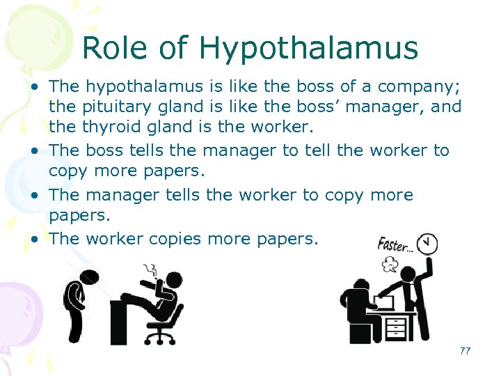 Role of Hypothalamus • The hypothalamus is like the boss of a company; the