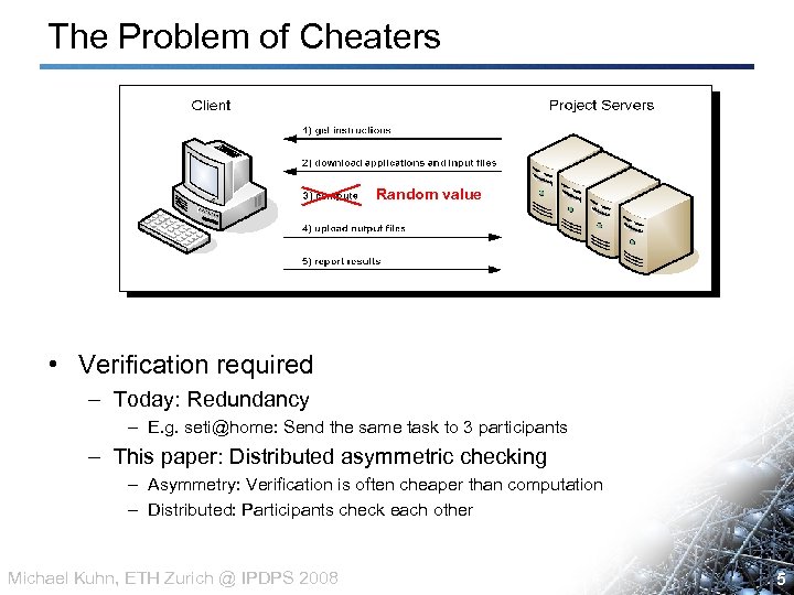 The Problem of Cheaters Random value • Verification required – Today: Redundancy – E.