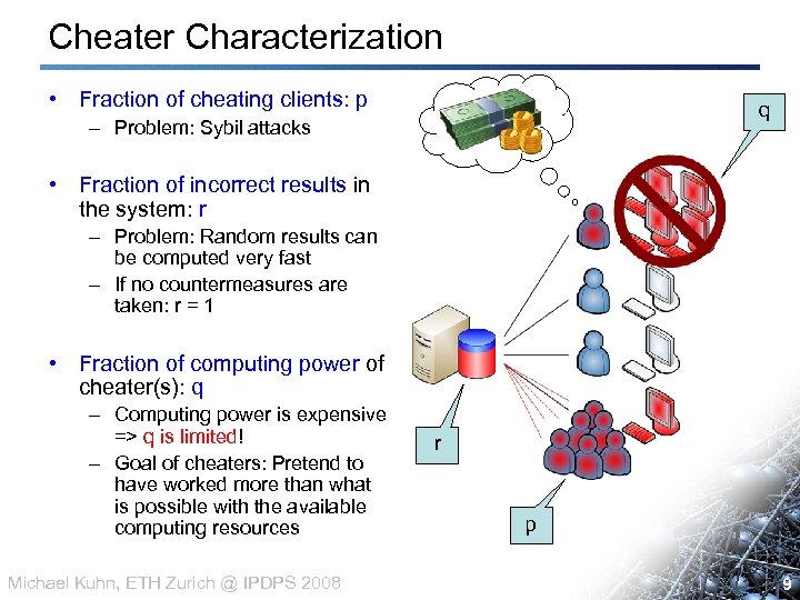 Cheater Characterization • Fraction of cheating clients: p q – Problem: Sybil attacks •