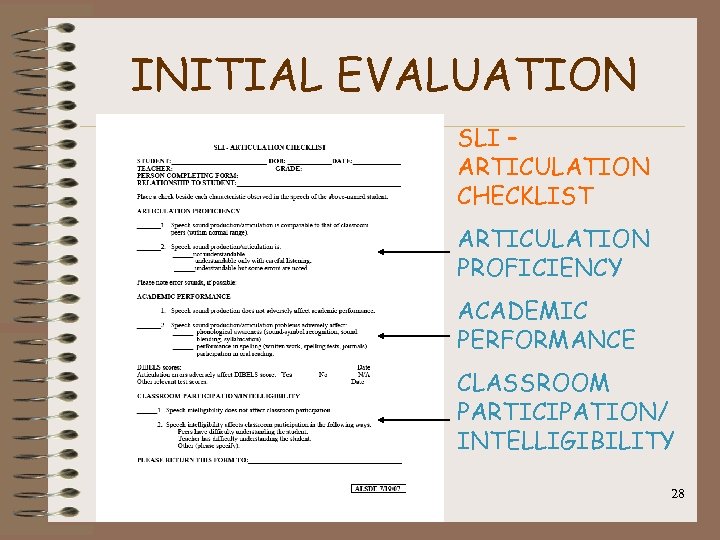 INITIAL EVALUATION SLI – ARTICULATION CHECKLIST ARTICULATION PROFICIENCY ACADEMIC PERFORMANCE CLASSROOM PARTICIPATION/ INTELLIGIBILITY 28