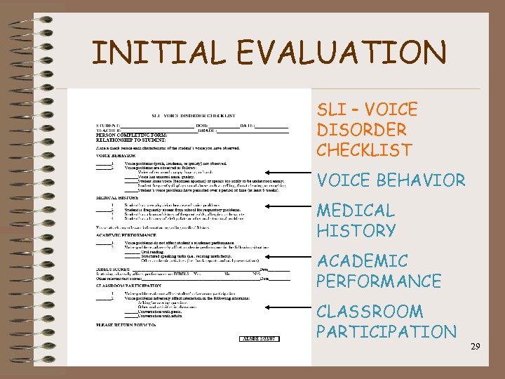 INITIAL EVALUATION SLI – VOICE DISORDER CHECKLIST VOICE BEHAVIOR MEDICAL HISTORY ACADEMIC PERFORMANCE CLASSROOM