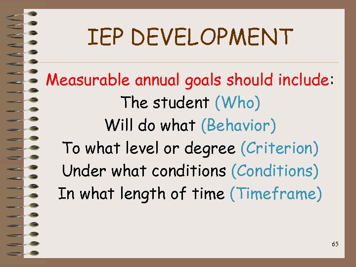 IEP DEVELOPMENT Measurable annual goals should include: The student (Who) Will do what (Behavior)