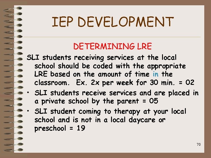 IEP DEVELOPMENT DETERMINING LRE SLI students receiving services at the local school should be