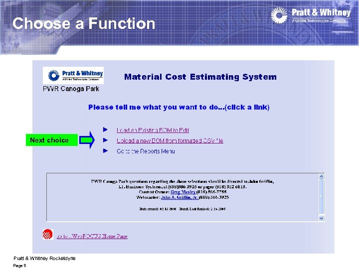 Choose a Function Next choice Pratt & Whitney Rocketdyne Page 8 