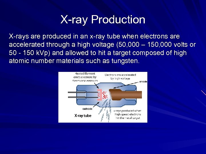 X-ray Production X-rays are produced in an x-ray tube when electrons are accelerated through