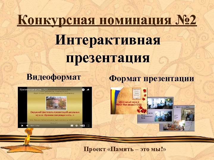 Конкурсная номинация № 2 Интерактивная презентация Видеоформат Формат презентации Проект «Память – это мы!»