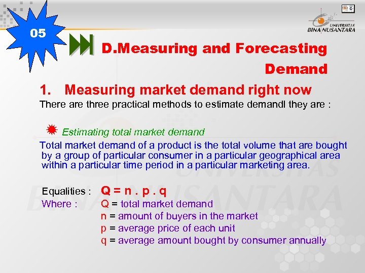 05 D. Measuring and Forecasting Demand 1. Measuring market demand right now There are