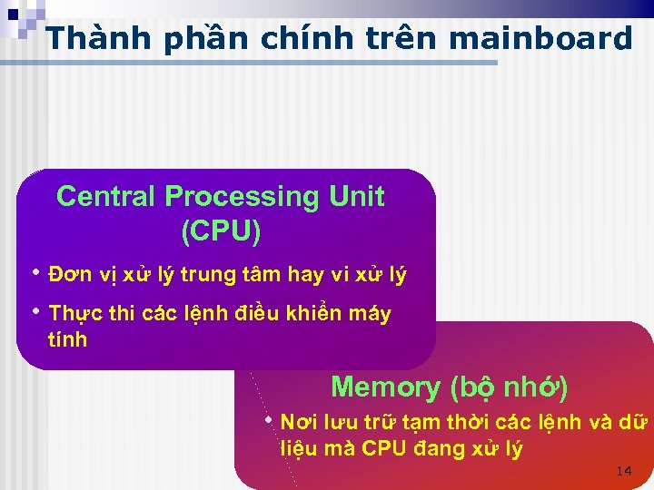 Thành phần chính trên mainboard Central Processing Unit (CPU) • Đơn vị xử lý