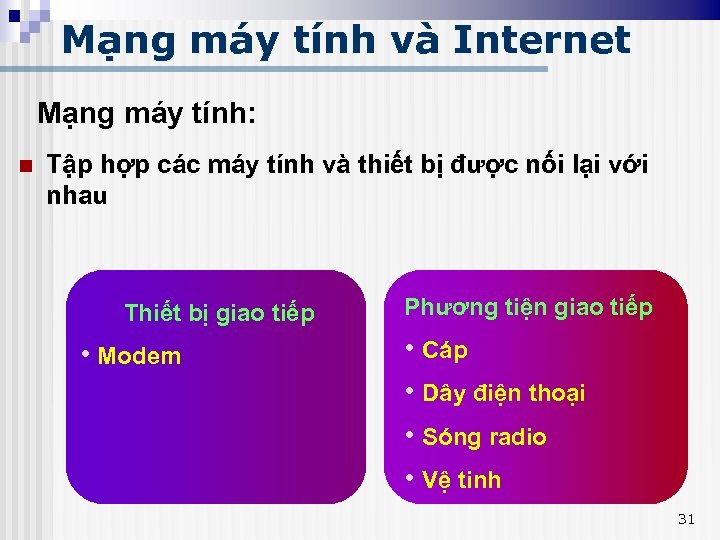 Mạng máy tính và Internet Mạng máy tính: n Tập hợp các máy tính