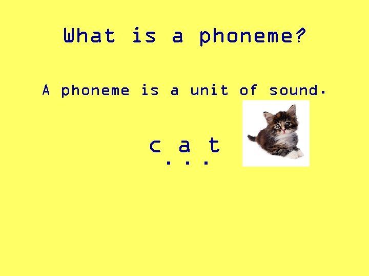 What is a phoneme? A phoneme is a unit of sound. c. a. t.