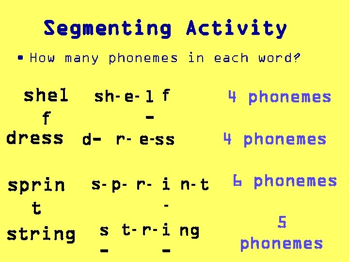 Segmenting Activity • How many phonemes in each word? shel sh- e- l f